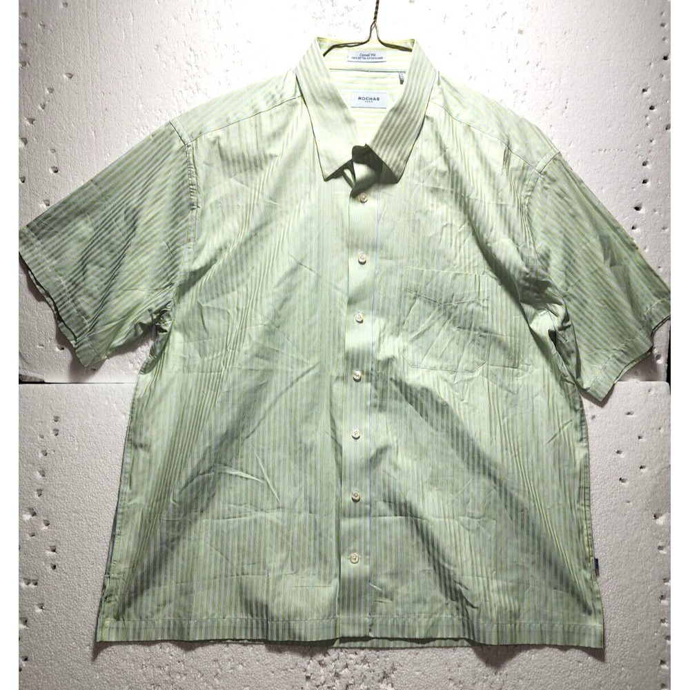 Rochas Paris Shirt Men XL Blue Yellow Striped Polo Short Sleeve Button Down